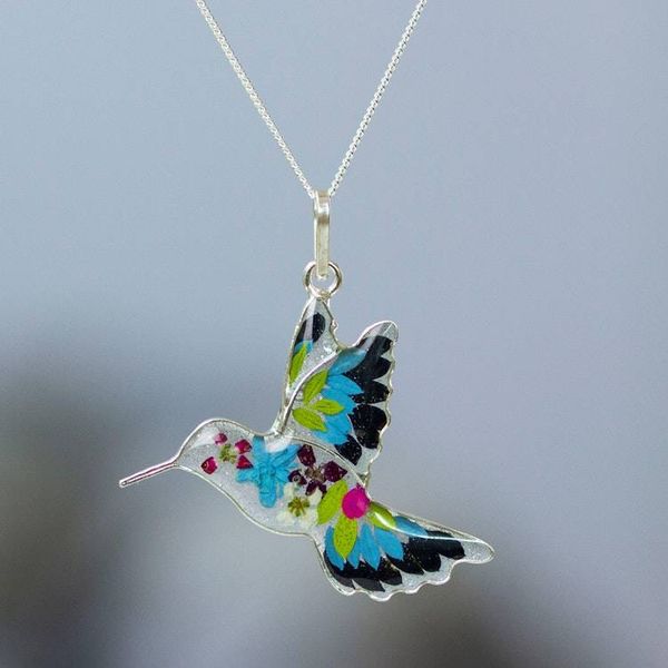 Alternate image for Natural Flower Resin Blue Hummingbird Pendant Necklace Blue Hummingbird