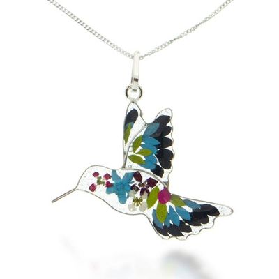 Alternate image for Natural Flower Resin Blue Hummingbird Pendant Necklace Blue Hummingbird