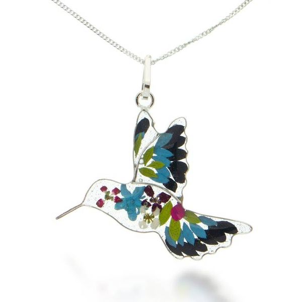 Alternate image for Natural Flower Resin Blue Hummingbird Pendant Necklace Blue Hummingbird