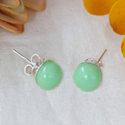 Primary image for Handmade Mint Green Fused Glass Silver Round Stud Earrings Essential Mint
