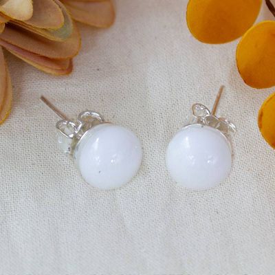Primary image for Handcrafted Fused Glass Silver Round Stud Earrings in White Essential White