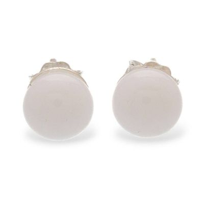 Alternate image for Handcrafted Fused Glass Silver Round Stud Earrings in White Essential White