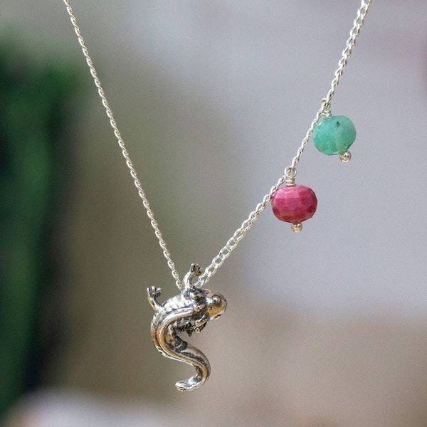 Alternate image for Amazonite Silver Pendant Necklace with Axolotl Theme Axolotl Charm