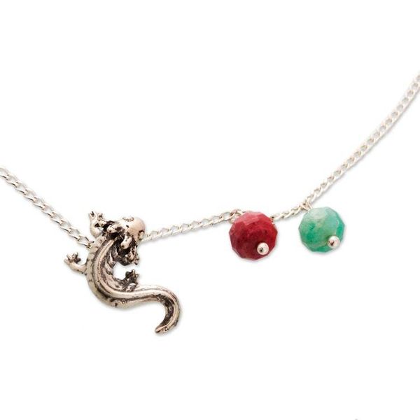 Alternate image for Amazonite Silver Pendant Necklace with Axolotl Theme Axolotl Charm