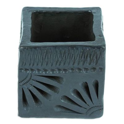Alternate image for Mexican Handmade Barro Negro Black Ceramic Mini Flower Pot Square  Peacock