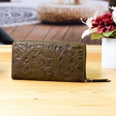 Alternate image for Green Leather Wallet with Embossed Floral and Leaf Designs Floral Pattern in Green
