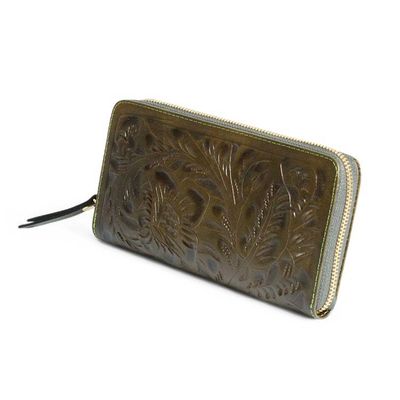 Alternate image for Green Leather Wallet with Embossed Floral and Leaf Designs Floral Pattern in Green
