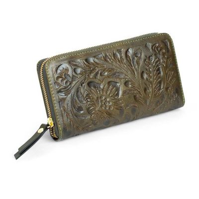 Alternate image for Green Leather Wallet with Embossed Floral and Leaf Designs Floral Pattern in Green