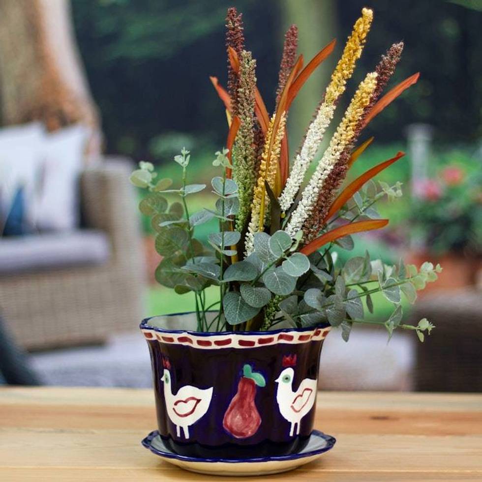 Dove and Fruit-Themed Blue Ceramic Flower Pot and Saucer 'Dreamy Doves'