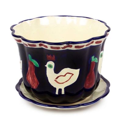 Alternate image for Dove and Fruit-Themed Blue Ceramic Flower Pot and Saucer Dreamy Doves