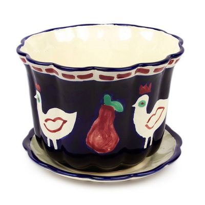 Alternate image for Dove and Fruit-Themed Blue Ceramic Flower Pot and Saucer Dreamy Doves