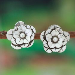 Image for High-Polished Floral Sterling Silver Button Earrings Divine Blossoming