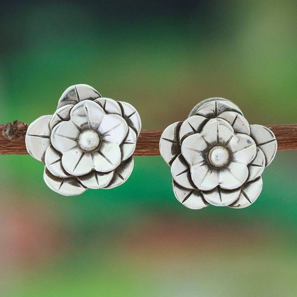 Alternate image for High-Polished Floral Sterling Silver Button Earrings Divine Blossoming