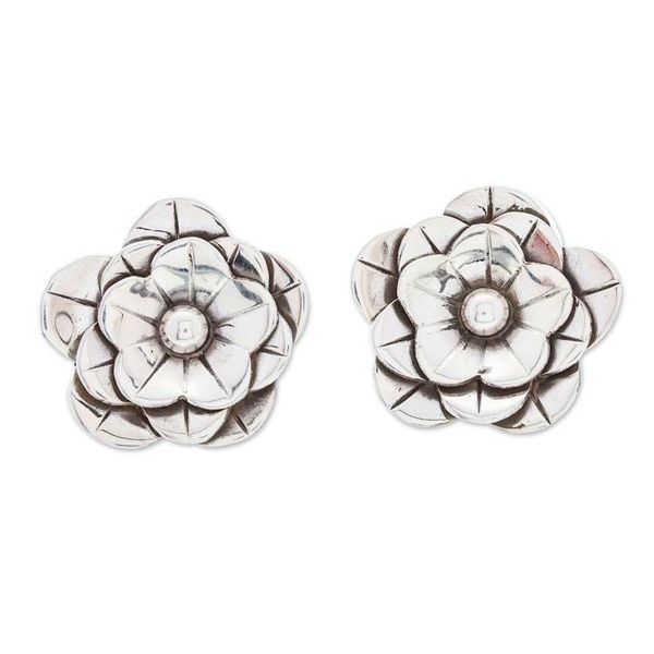 Alternate image for High-Polished Floral Sterling Silver Button Earrings Divine Blossoming