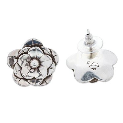 Alternate image for High-Polished Floral Sterling Silver Button Earrings Divine Blossoming