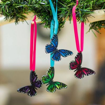 Primary image for Set of 4 Hand-Painted Colorful Wood Butterfly Ornaments Monarchs of Hope
