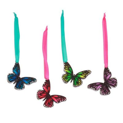 Alternate image for Set of 4 Hand-Painted Colorful Wood Butterfly Ornaments Monarchs of Hope