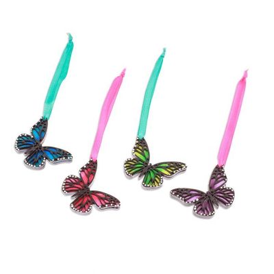 Alternate image for Set of 4 Hand-Painted Colorful Wood Butterfly Ornaments Monarchs of Hope