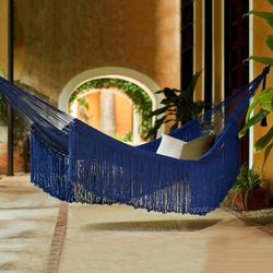 Image for Fringed Navy Cotton Rope Hammock Double From Mexico Yucatan Dreams