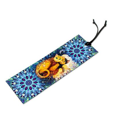 Alternate image for Cat-themed Blue Decoupage Bookmark with Cord from Mexico Two Cats