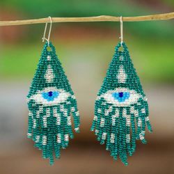 Image for Protection Turkish Eye Teal Glass Beaded Waterfall Earrings Teal Turkish Eye