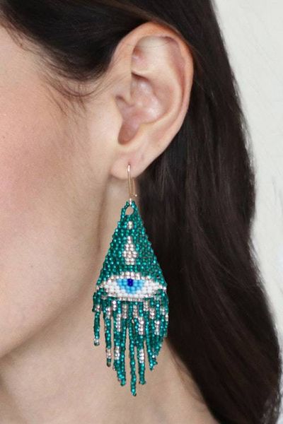 Alternate image for Protection Turkish Eye Teal Glass Beaded Waterfall Earrings Teal Turkish Eye