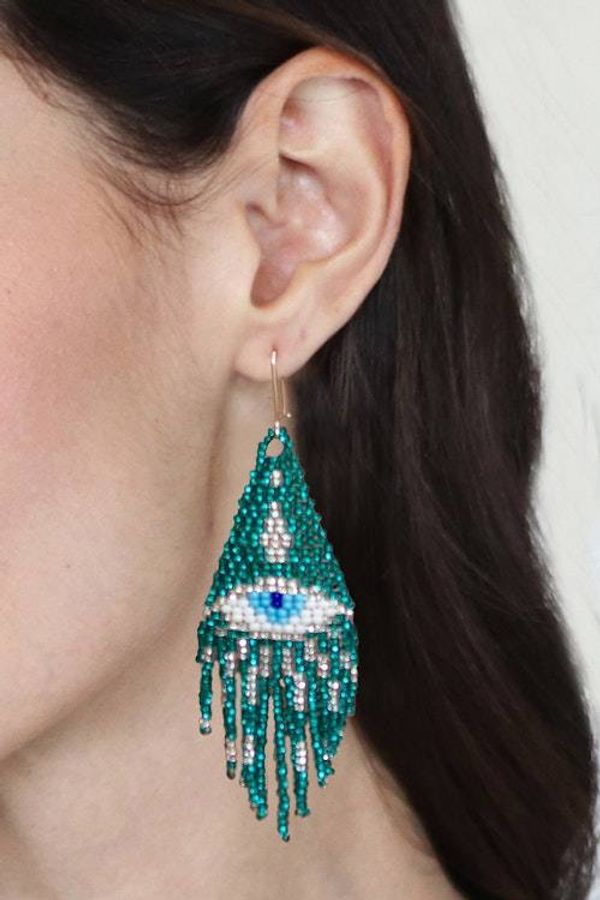 Alternate image for Protection Turkish Eye Teal Glass Beaded Waterfall Earrings Teal Turkish Eye