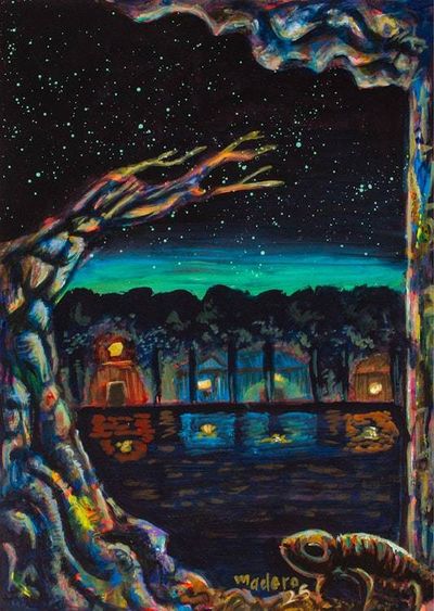 Primary image for Stretched Gicle Acrylic on Paper Print of Nocturnal Scene Nocturnal Animal