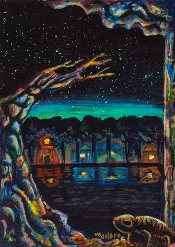 Alternate image for Stretched Gicle Acrylic on Paper Print of Nocturnal Scene Nocturnal Animal