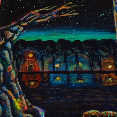 Alternate image for Stretched Gicle Acrylic on Paper Print of Nocturnal Scene Nocturnal Animal