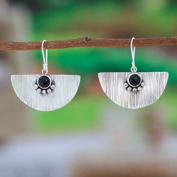 Alternate image for Modern Taxco 925 Silver Dangle Earrings with Obsidian Stone Exquisite Shapes