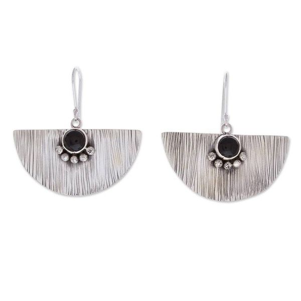 Alternate image for Modern Taxco 925 Silver Dangle Earrings with Obsidian Stone Exquisite Shapes
