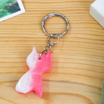 Primary image for Whimsical Hand-Carved Cat-Shaped Onyx Keychain in Pink Hues Feline Pink