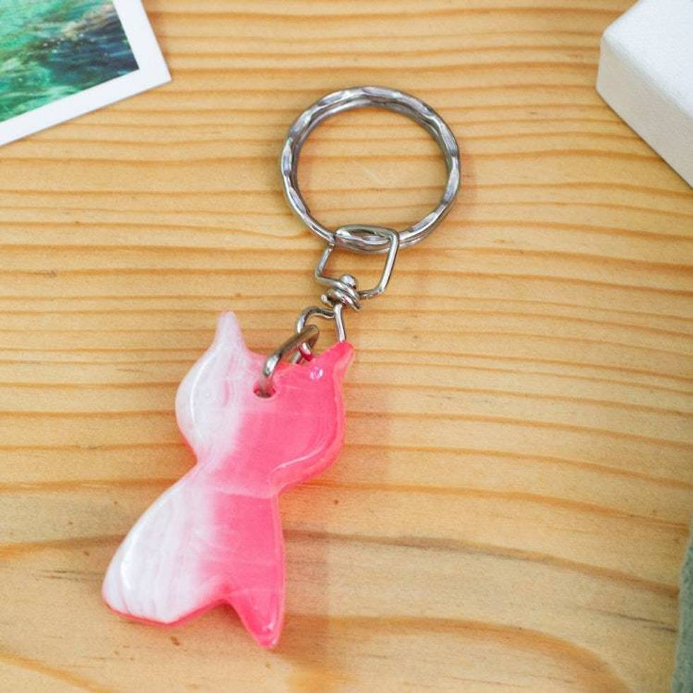 Whimsical Hand-Carved Cat-Shaped Onyx Keychain in Pink Hues 'Feline Pink'