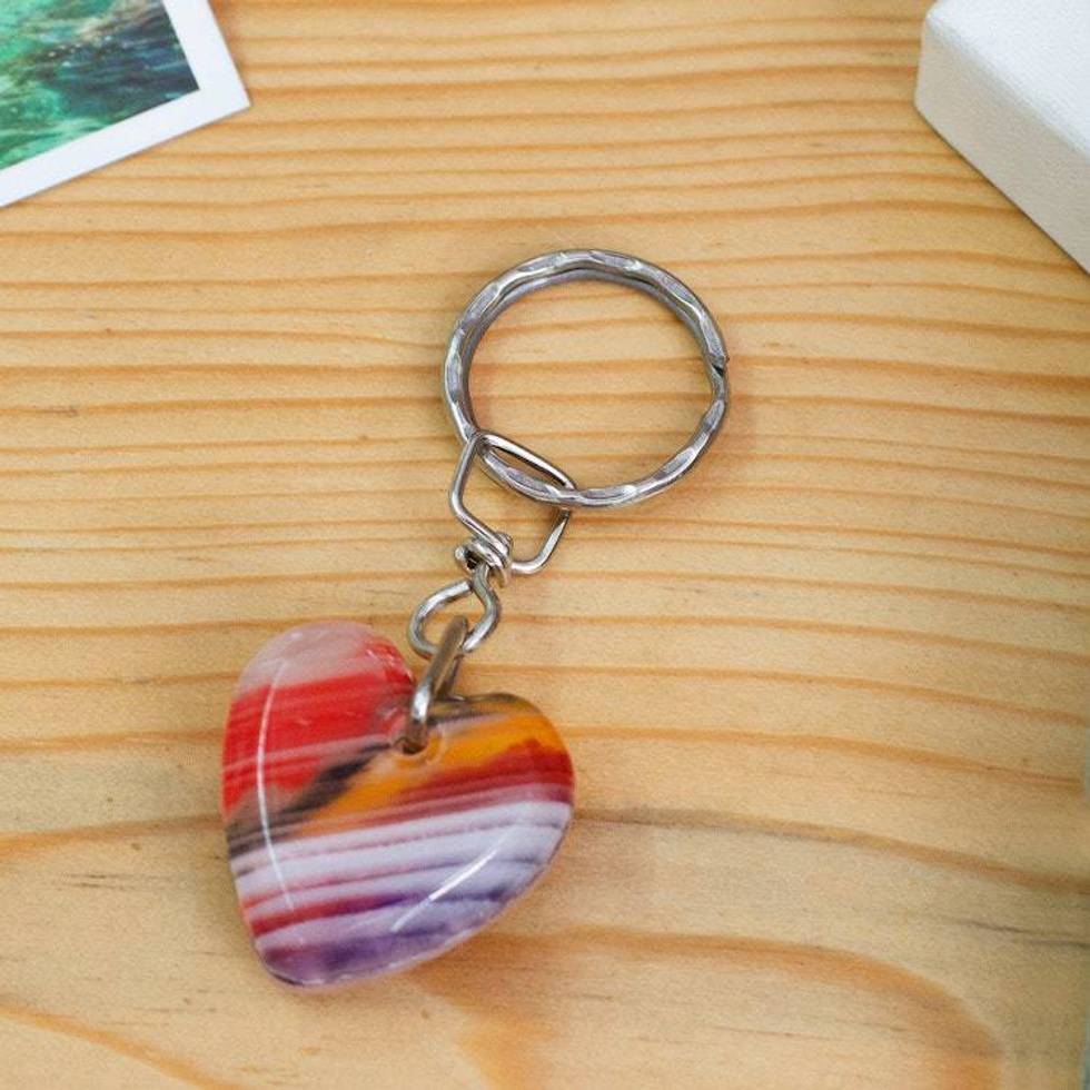 Carved Natural Onyx Heart-Shaped Keychain in Multicolor Hues 'Lovely Everyday'