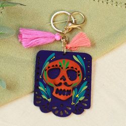 Image for Wood Day of the Dead Skull Keychain  Bag Charm with Tassels Mexican Custom