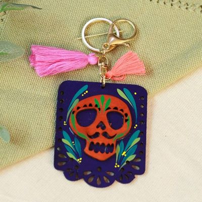 Primary image for Wood Day of the Dead Skull Keychain  Bag Charm with Tassels Mexican Custom