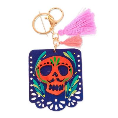 Alternate image for Wood Day of the Dead Skull Keychain  Bag Charm with Tassels Mexican Custom