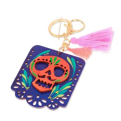 Alternate image for Wood Day of the Dead Skull Keychain  Bag Charm with Tassels Mexican Custom