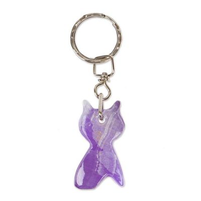 Alternate image for Hand-Carved Cat-Shaped Natural Onyx Keychain in Purple Hues Feline Purple