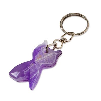 Alternate image for Hand-Carved Cat-Shaped Natural Onyx Keychain in Purple Hues Feline Purple