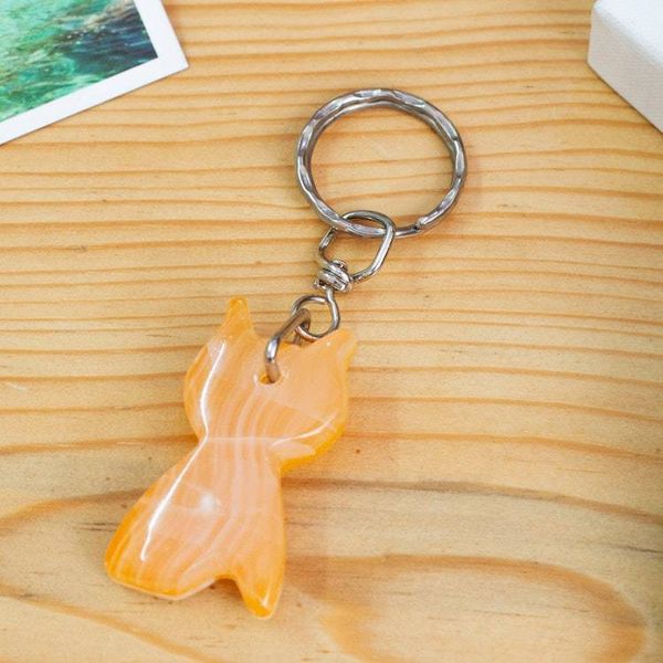 Alternate image for Cat-Themed Artisan-Made Natural Onyx Keychain in a Melon Hue Feline Melon