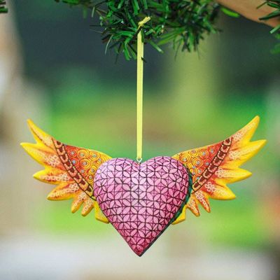 Primary image for Hand-Painted Copal Wood Winged Heart Ornament in Yellow Yellow Wings of the Heart