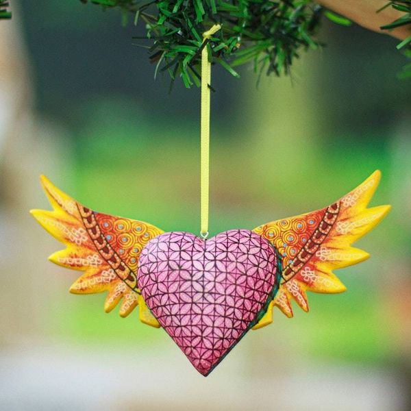 Alternate image for Hand-Painted Copal Wood Winged Heart Ornament in Yellow Yellow Wings of the Heart