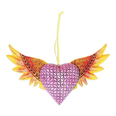 Alternate image for Hand-Painted Copal Wood Winged Heart Ornament in Yellow Yellow Wings of the Heart