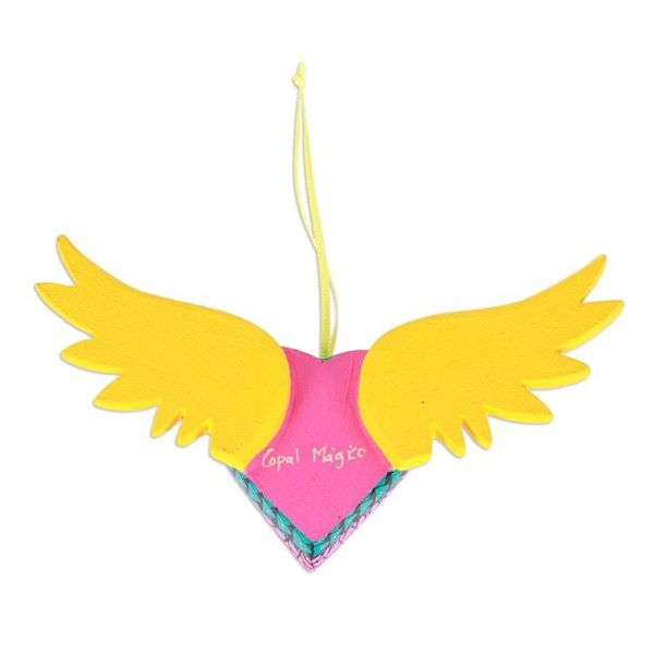 Alternate image for Hand-Painted Copal Wood Winged Heart Ornament in Yellow Yellow Wings of the Heart