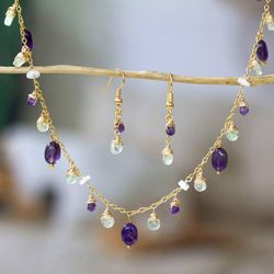 Image for Gold-Plated Amethyst Fluorite Rainbow Moonstone Jewelry Set Drops of Sophistication