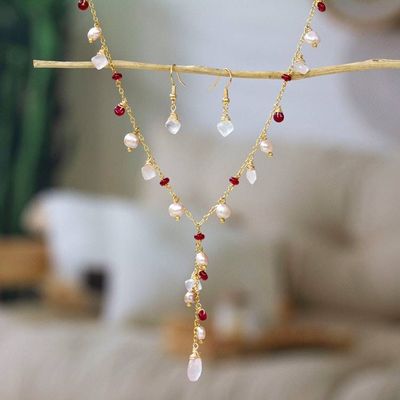 Primary image for 14k Gold-Plated Rose Quartz Cultured Pearl Agate Jewelry Set Cascading Glamour