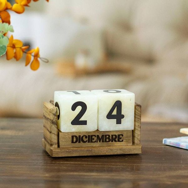Alternate image for Marble Perpetual Desk Calendar with Natural Wood Base Everlasting Time