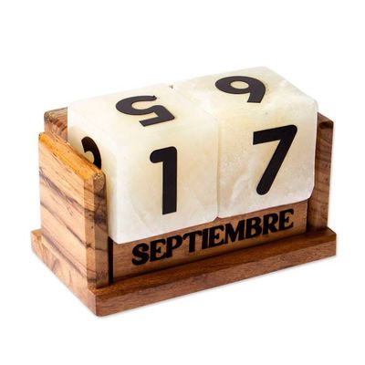 Alternate image for Marble Perpetual Desk Calendar with Natural Wood Base Everlasting Time